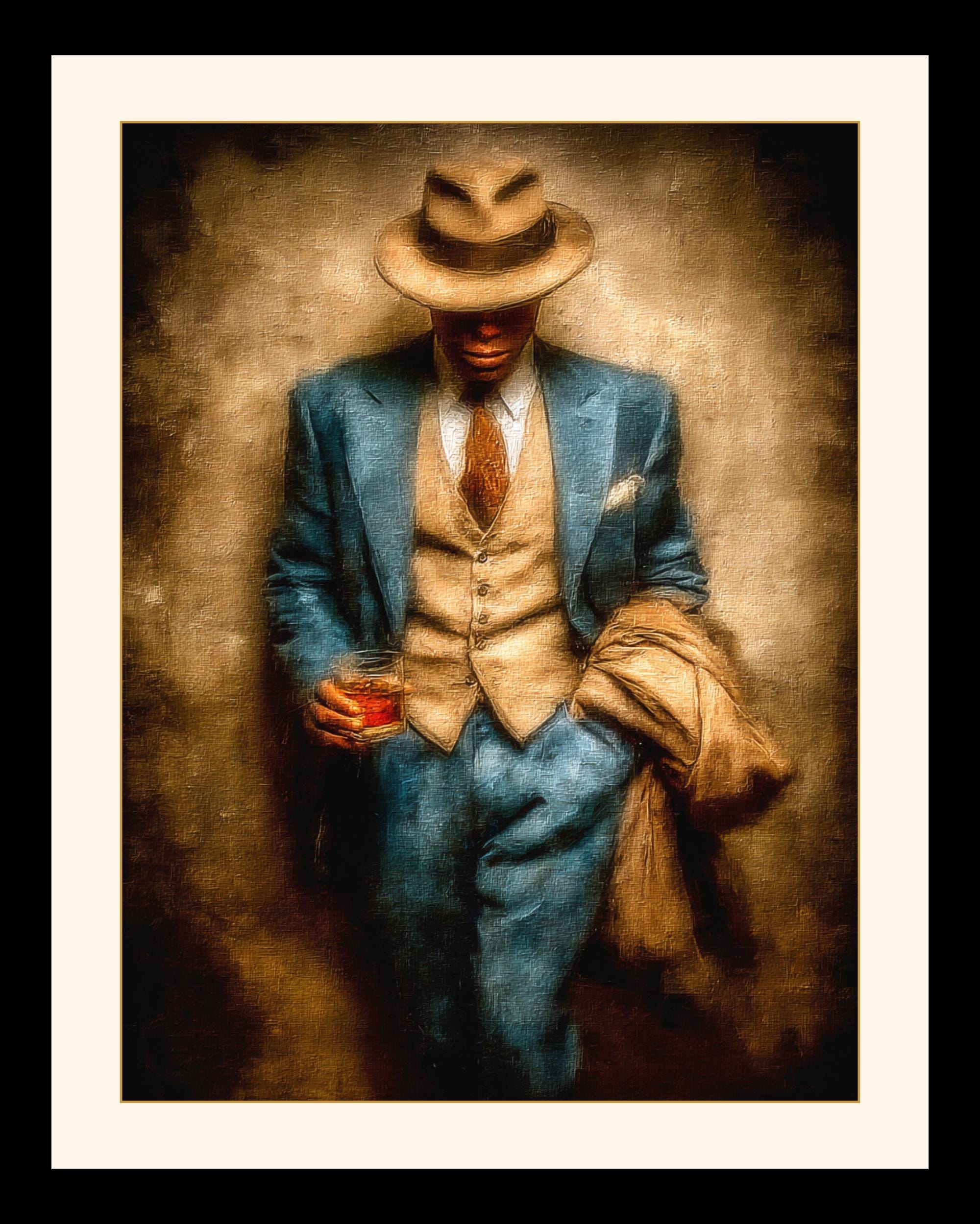 Vintage 1920's Gentleman in Suit and Fedora, Holding Whiskey Glass, Wall Art Print