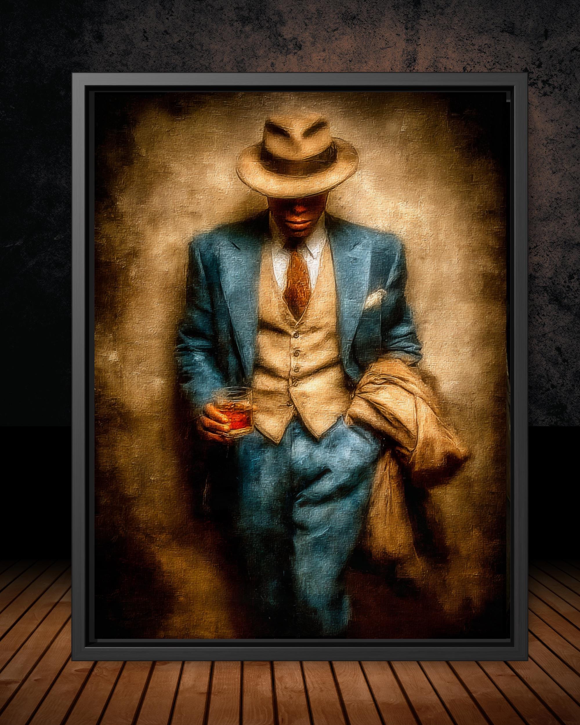 Vintage 1920's Gentleman in Suit and Fedora, Holding Whiskey Glass, Wall Art Print