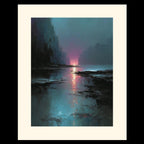 Moody Abstract Sunset Landscape Print, Dark Coastal Wall Art, Teal Pink Water Reflection Painting