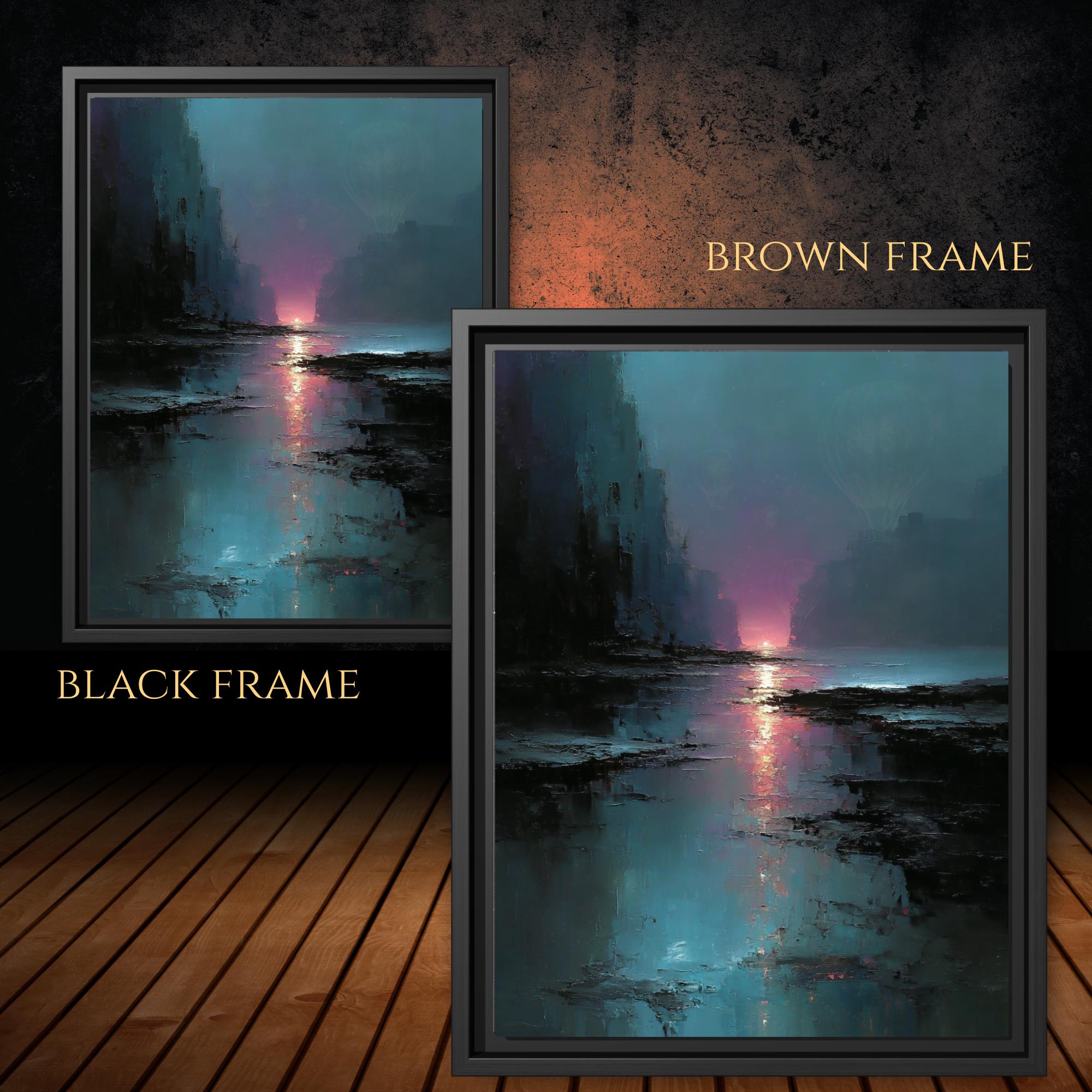 Moody Abstract Sunset Landscape Print, Dark Coastal Wall Art, Teal Pink Water Reflection Painting