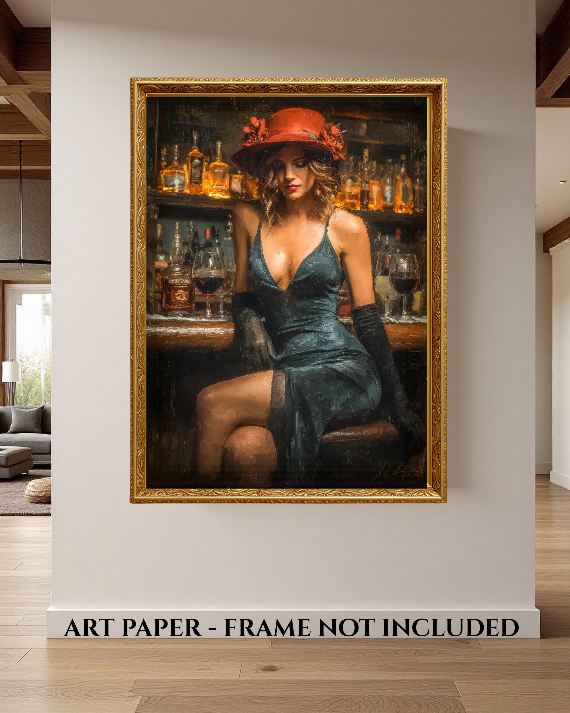 Woman in Bar Print, Black Dress and Red Hat Wall Art, Vintage Glamour Painting Secondary image