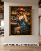 Woman in Bar Print, Black Dress and Red Hat Wall Art, Vintage Glamour Painting