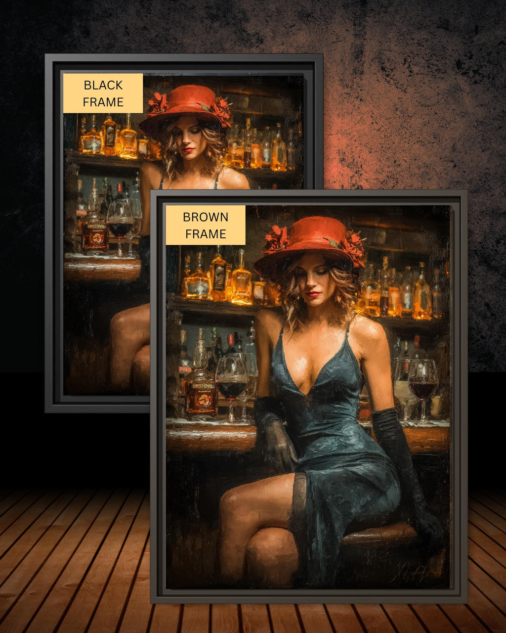 Woman in Bar Print, Black Dress and Red Hat Wall Art, Vintage Glamour Painting