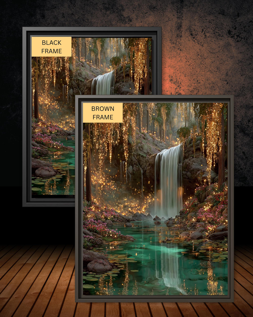 Enchanted Waterfall Forest Wall Art Print, Magical Fairy Light Woodland Painting Teal Green Decor