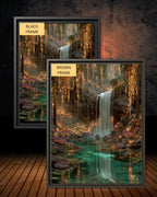 Enchanted Waterfall Forest Wall Art Print, Magical Fairy Light Woodland Painting Teal Green Decor