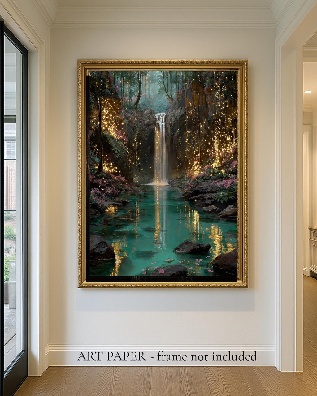 Firefly Waterfall Forest Wall Art Print, Magical Fairy Light Woodland Painting Water Reflections Decor
