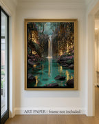 Firefly Waterfall Forest Wall Art Print, Magical Fairy Light Woodland Painting Water Reflections Decor