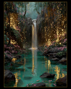 Firefly Waterfall Forest Wall Art Print, Magical Fairy Light Woodland Painting Water Reflections Decor