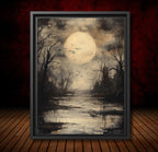 Moonlit Swamp Full Moon Wall Art Print, Gothic Trees Landscape Artwork, Dark Academia Decor