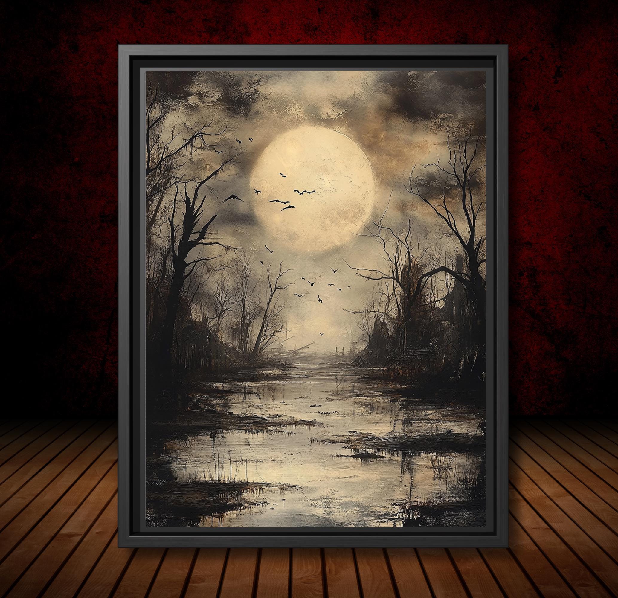Moonlit Swamp Full Moon Wall Art Print, Gothic Trees Landscape Artwork, Dark Academia Decor