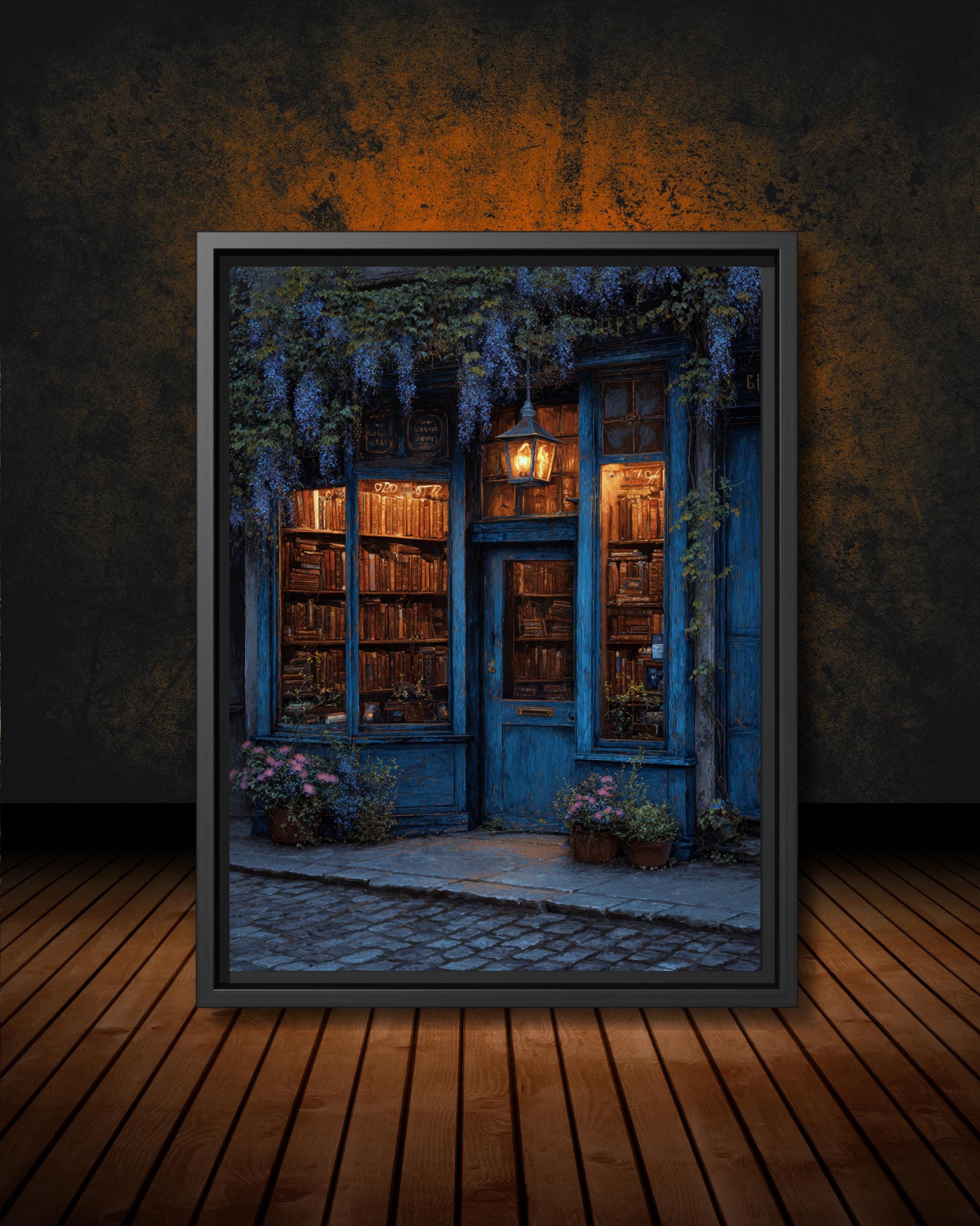 Blue Bookstore Art Print, Cozy Library Storefront Wall Art, Vintage Bookshop Oil Painting Style Main image