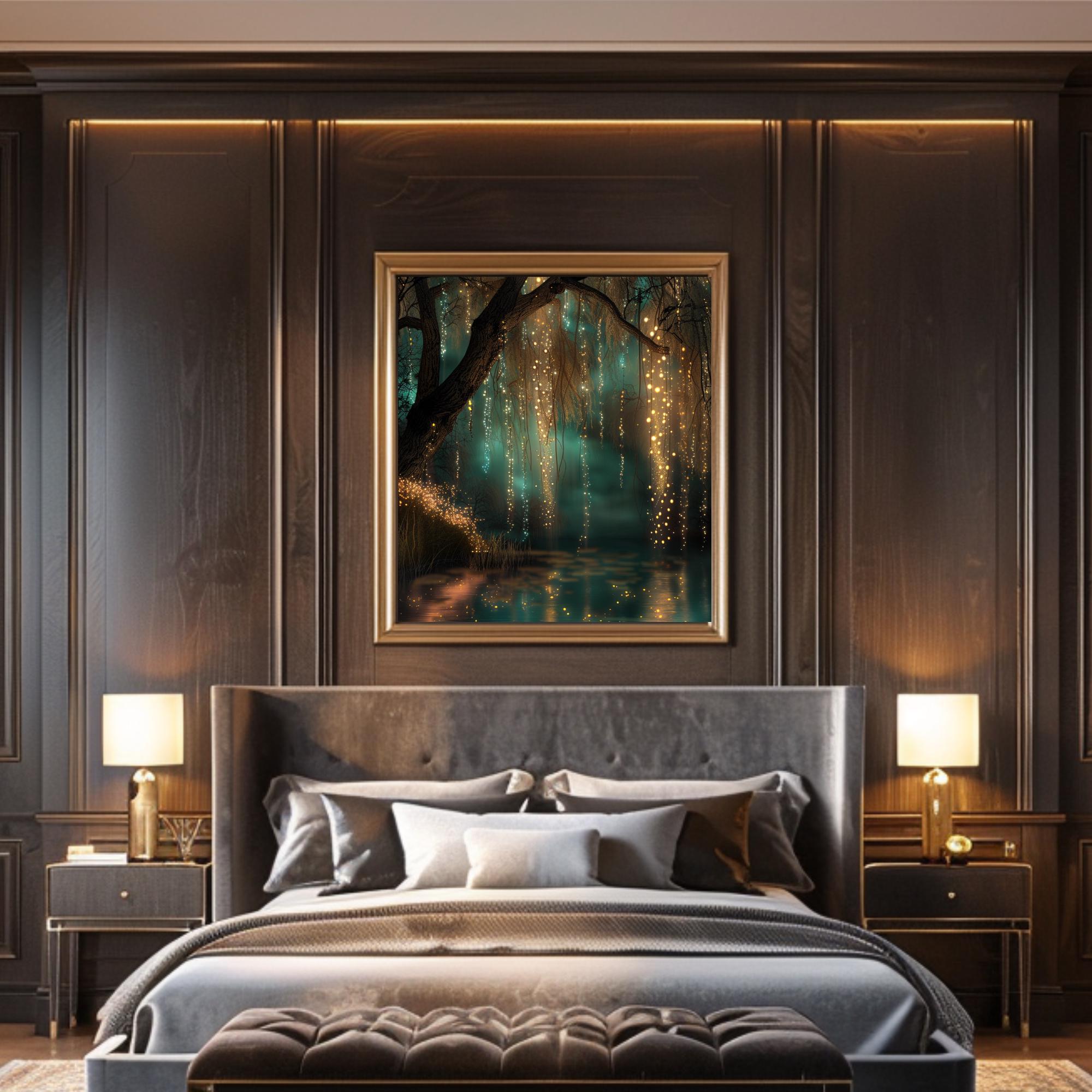 Fairy Lights Enchanted Forest Wall Art Print, Teal River Landscape, Magical Woodland Night Decor