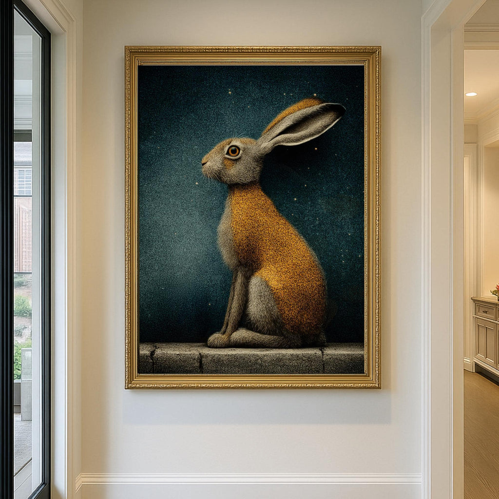 Hare Wall Art Print, Starry Night Rabbit Painting, Dark Academia Animal Portrait, Woodland Decor