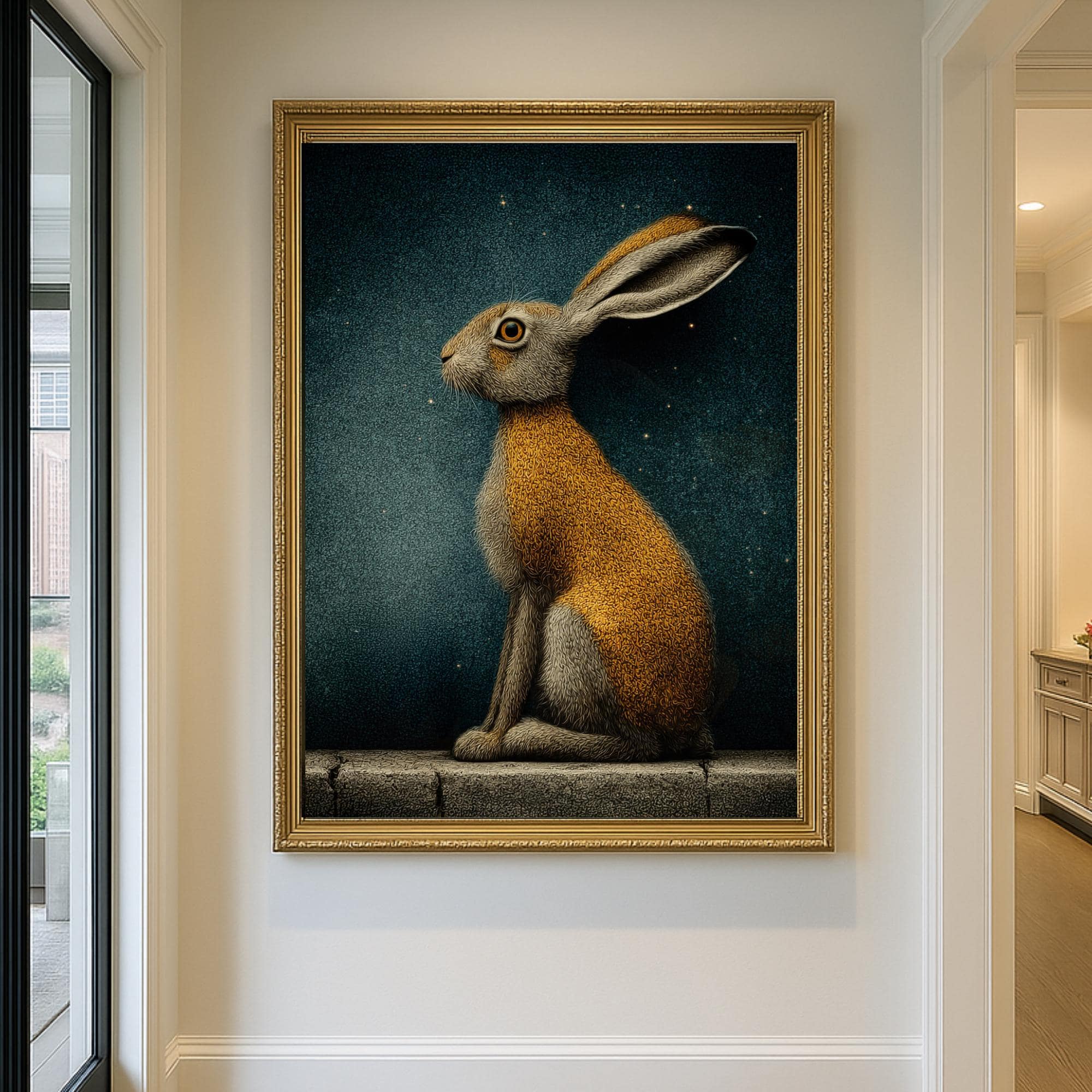 Hare Wall Art Print, Starry Night Rabbit Painting, Dark Academia Animal Portrait, Woodland Decor