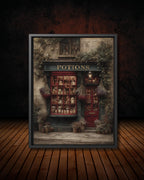 Vintage Apothecary Potion Storefront Art Print, Cobblestone Street Scene Painting