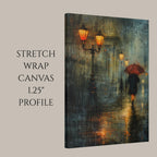 Rainy City Street Wall Art Print, Solitary Figure Red Umbrella, Glowing Lampposts, Nightime Painting