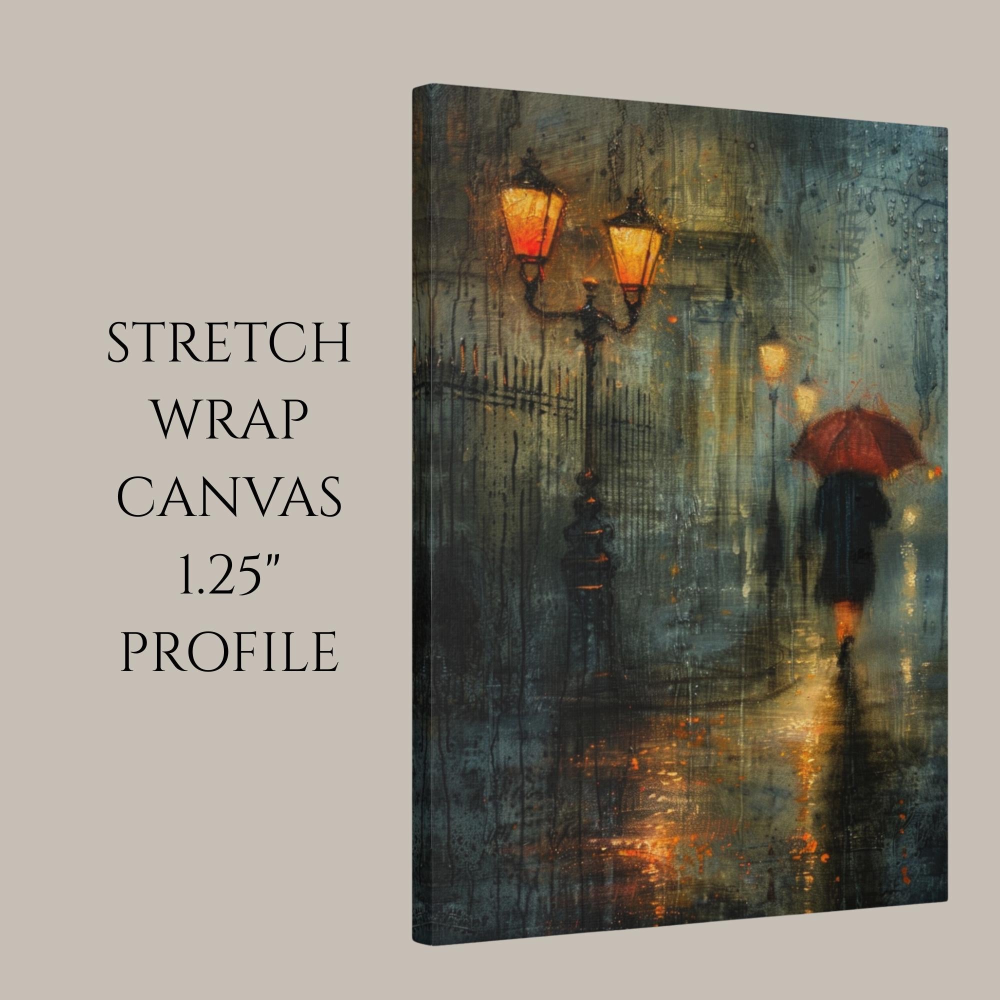 Rainy City Street Wall Art Print, Solitary Figure Red Umbrella, Glowing Lampposts, Nightime Painting