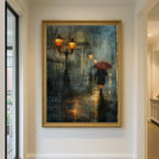Rainy City Street Wall Art Print, Solitary Figure Red Umbrella, Glowing Lampposts, Nightime Painting
