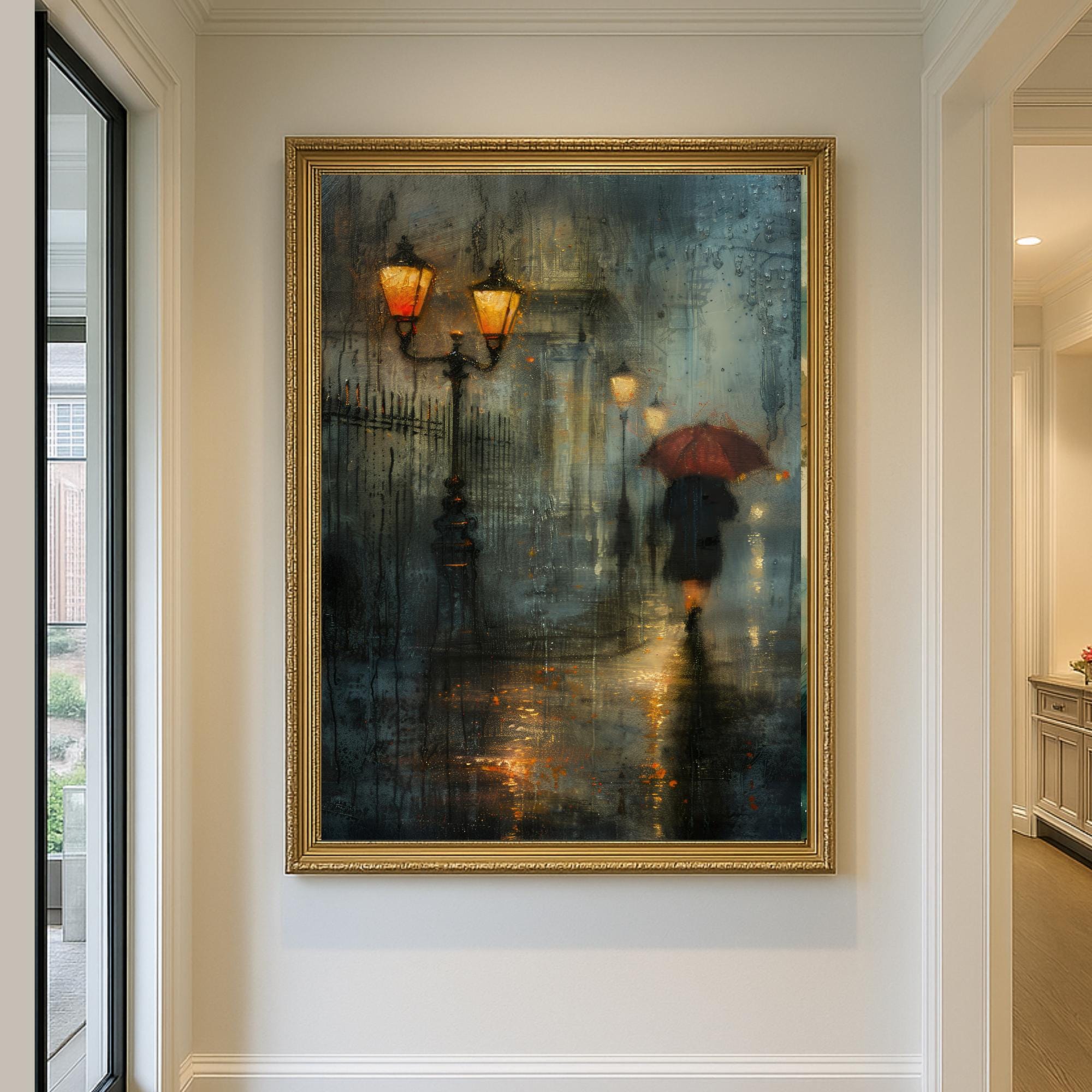Rainy City Street Wall Art Print, Solitary Figure Red Umbrella, Glowing Lampposts, Nightime Painting