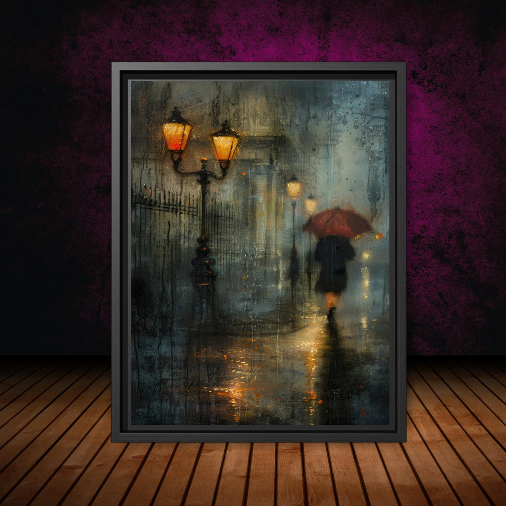 Rainy City Street Wall Art Print, Solitary Figure Red Umbrella, Glowing Lampposts, Nightime Painting