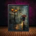 Rainy City Street Wall Art Print, Solitary Figure Red Umbrella, Glowing Lampposts, Nightime Painting