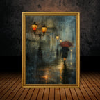 Rainy City Street Wall Art Print, Solitary Figure Red Umbrella, Glowing Lampposts, Nightime Painting