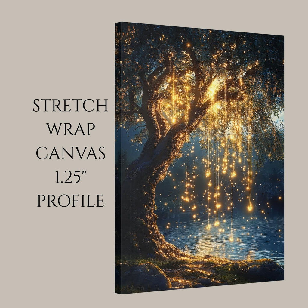 Willow Tree with Fairy Lights Print, Moonlit Lake Wall Art, Enchanted Dark Academia Painting
