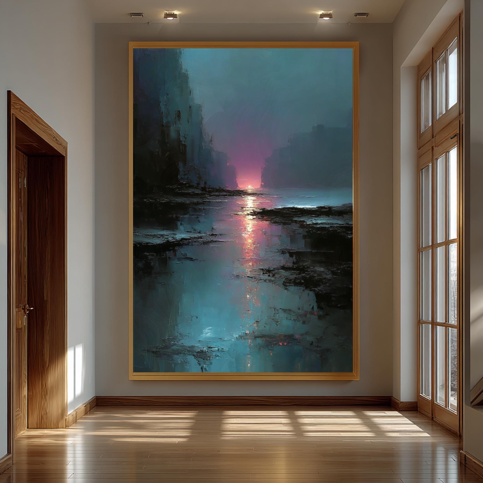 Moody Abstract Sunset Landscape Print, Dark Coastal Wall Art, Teal Pink Water Reflection Painting