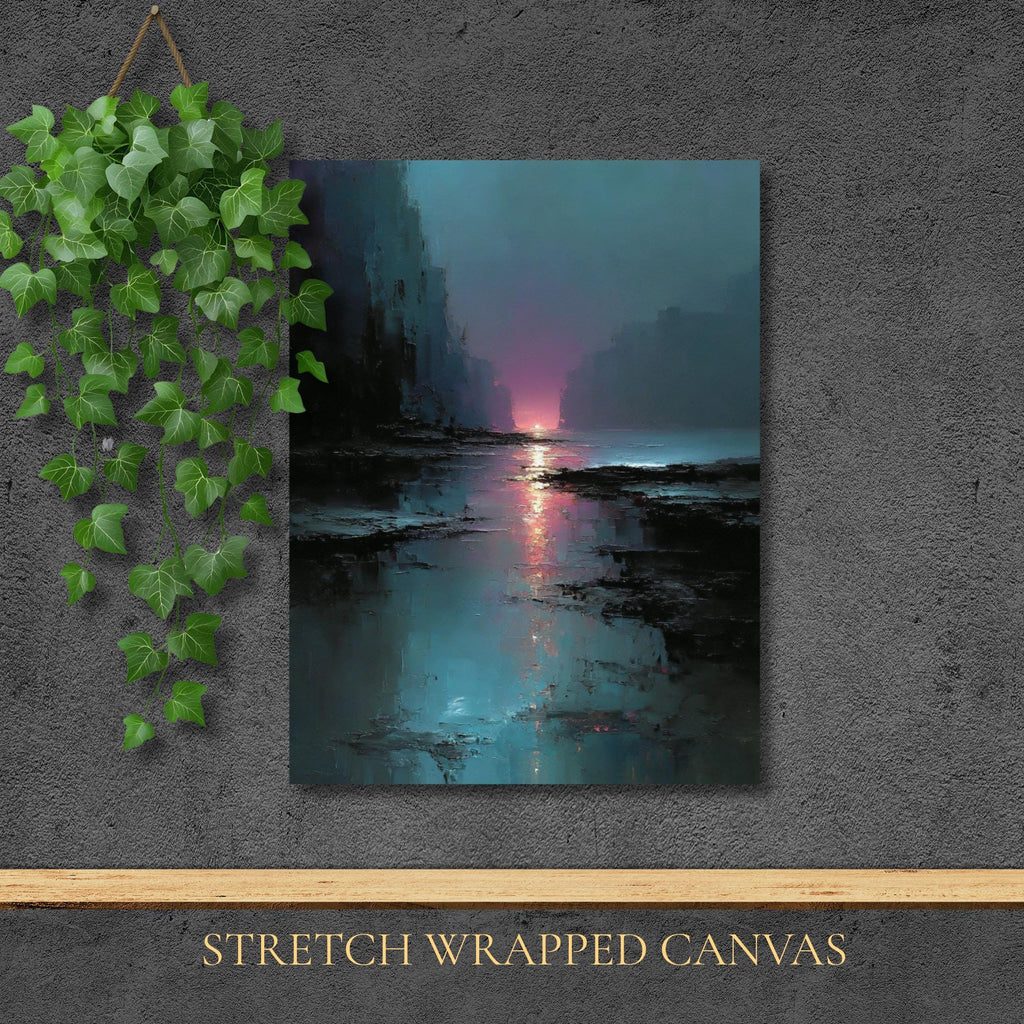 Moody Abstract Sunset Landscape Print, Dark Coastal Wall Art, Teal Pink Water Reflection Painting