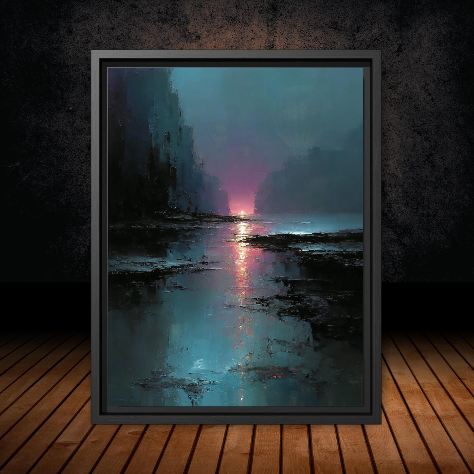 Moody Abstract Sunset Landscape Print, Dark Coastal Wall Art, Teal Pink Water Reflection Painting Main image