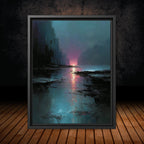 Moody Abstract Sunset Landscape Print, Dark Coastal Wall Art, Teal Pink Water Reflection Painting
