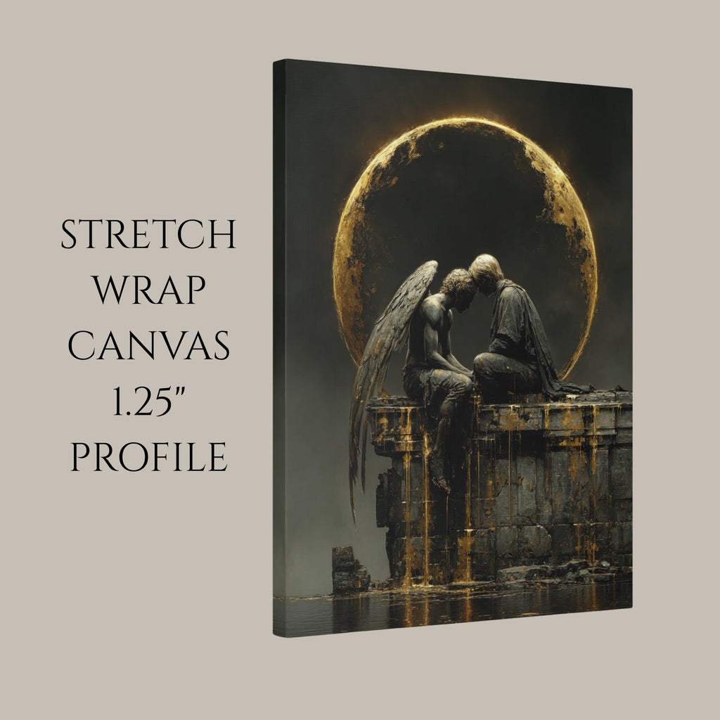Angel and Lover Under Golden Eclipse Moon Art Print, Romantic Wall Art Celestial Painting