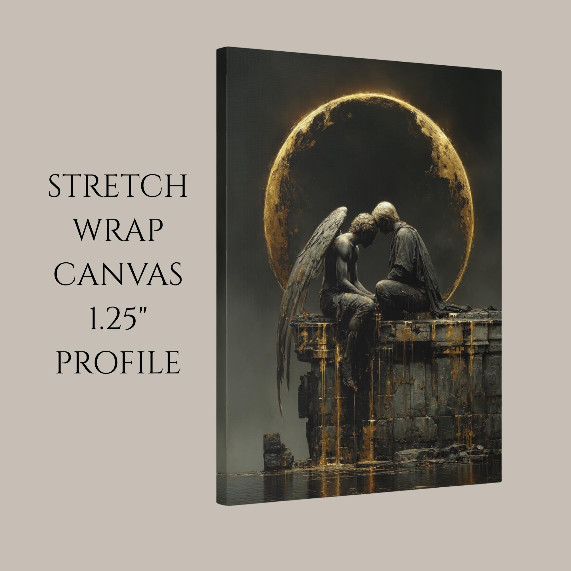 Angel and Lover Under Golden Eclipse Moon Art Print, Romantic Wall Art Celestial Painting