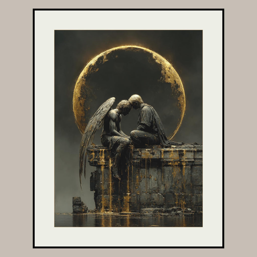 Angel and Lover Under Golden Eclipse Moon Art Print, Romantic Wall Art Celestial Painting