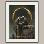 Angel and Lover Under Golden Eclipse Moon Art Print, Romantic Wall Art Celestial Painting