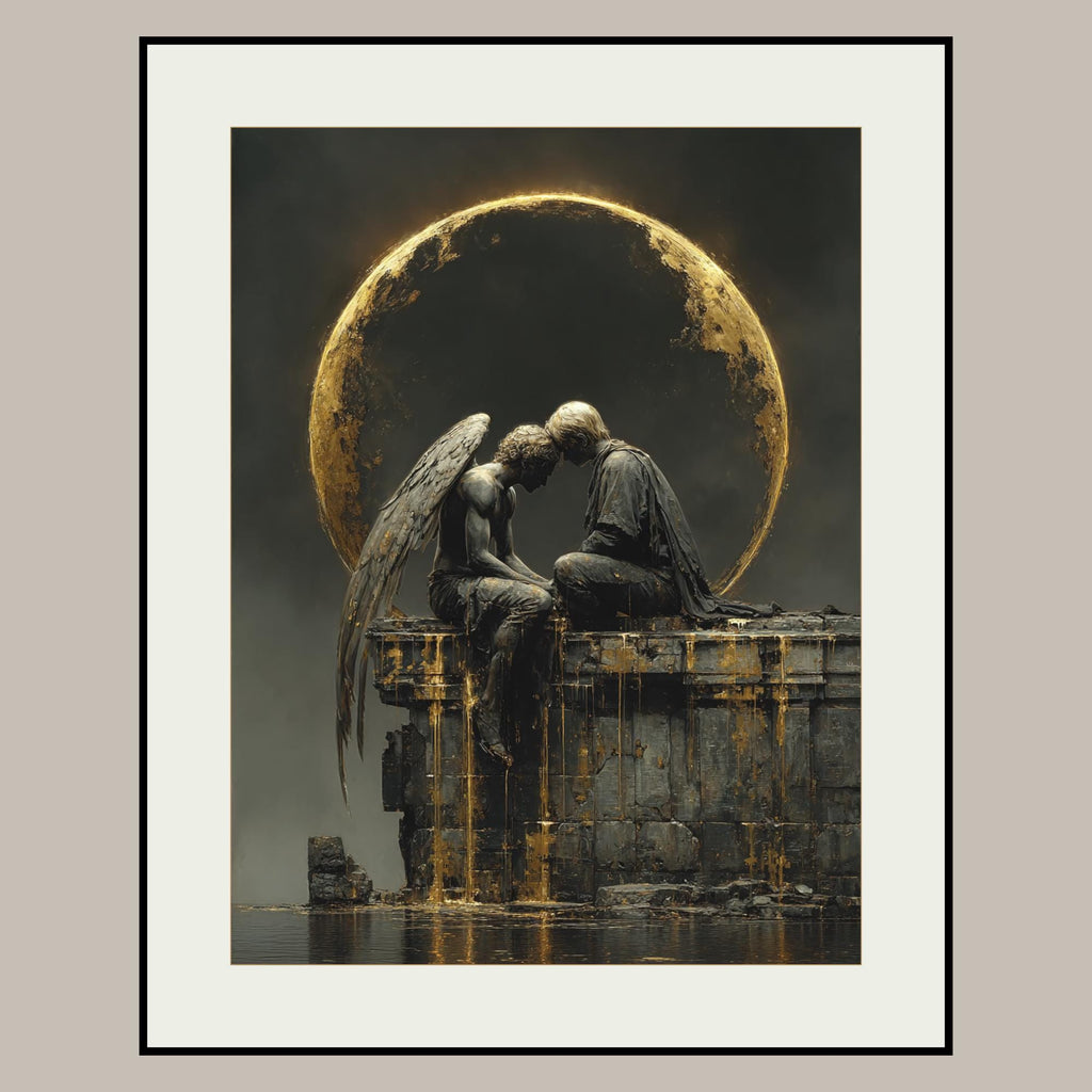 Angel and Lover Under Golden Eclipse Moon Art Print, Romantic Wall Art Celestial Painting