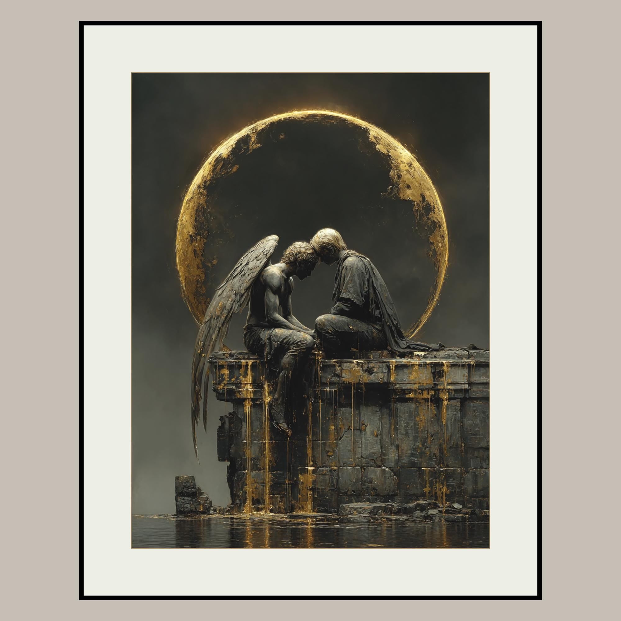 Angel and Lover Under Golden Eclipse Moon Art Print, Romantic Wall Art Celestial Painting