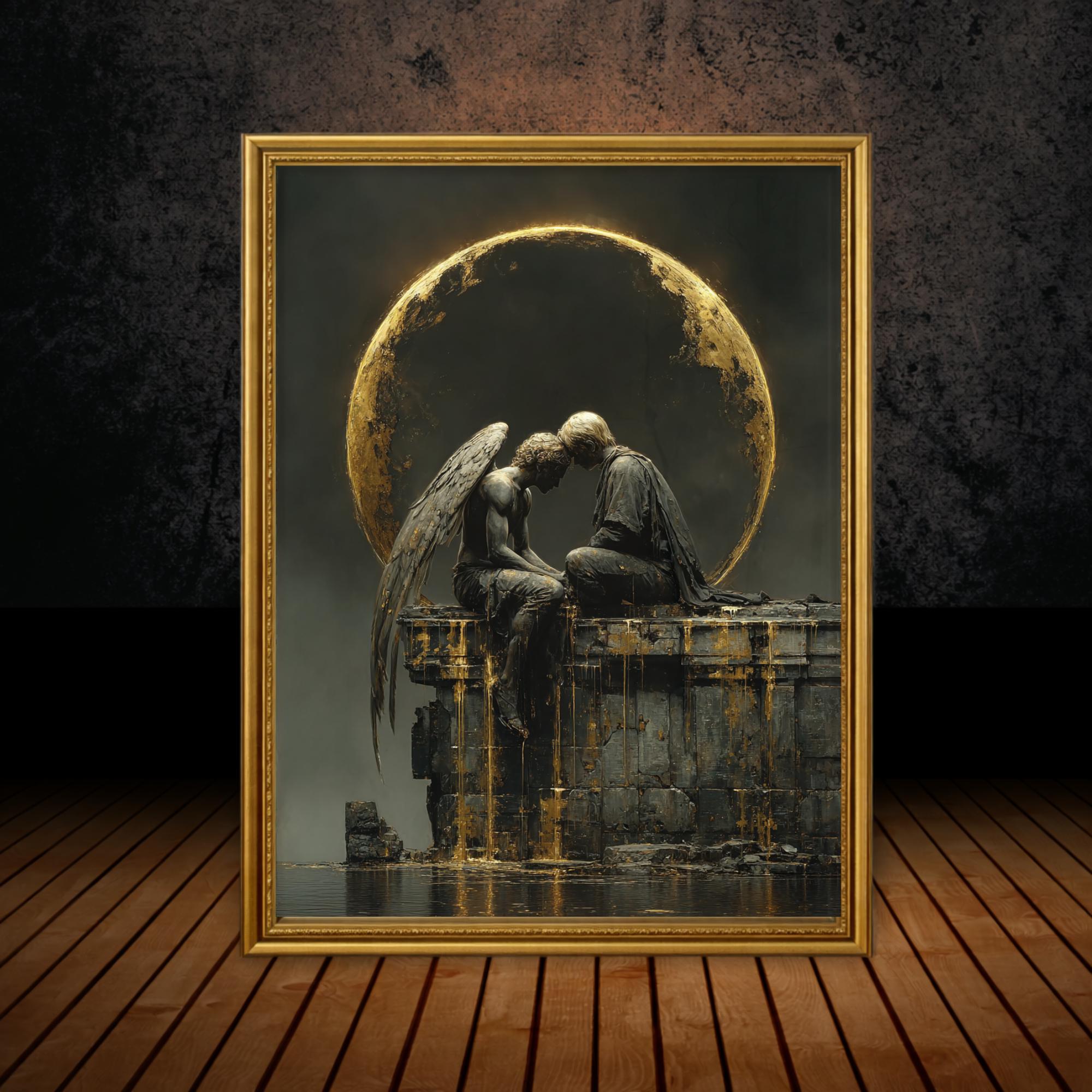 Angel and Lover Under Golden Eclipse Moon Art Print, Romantic Wall Art Celestial Painting