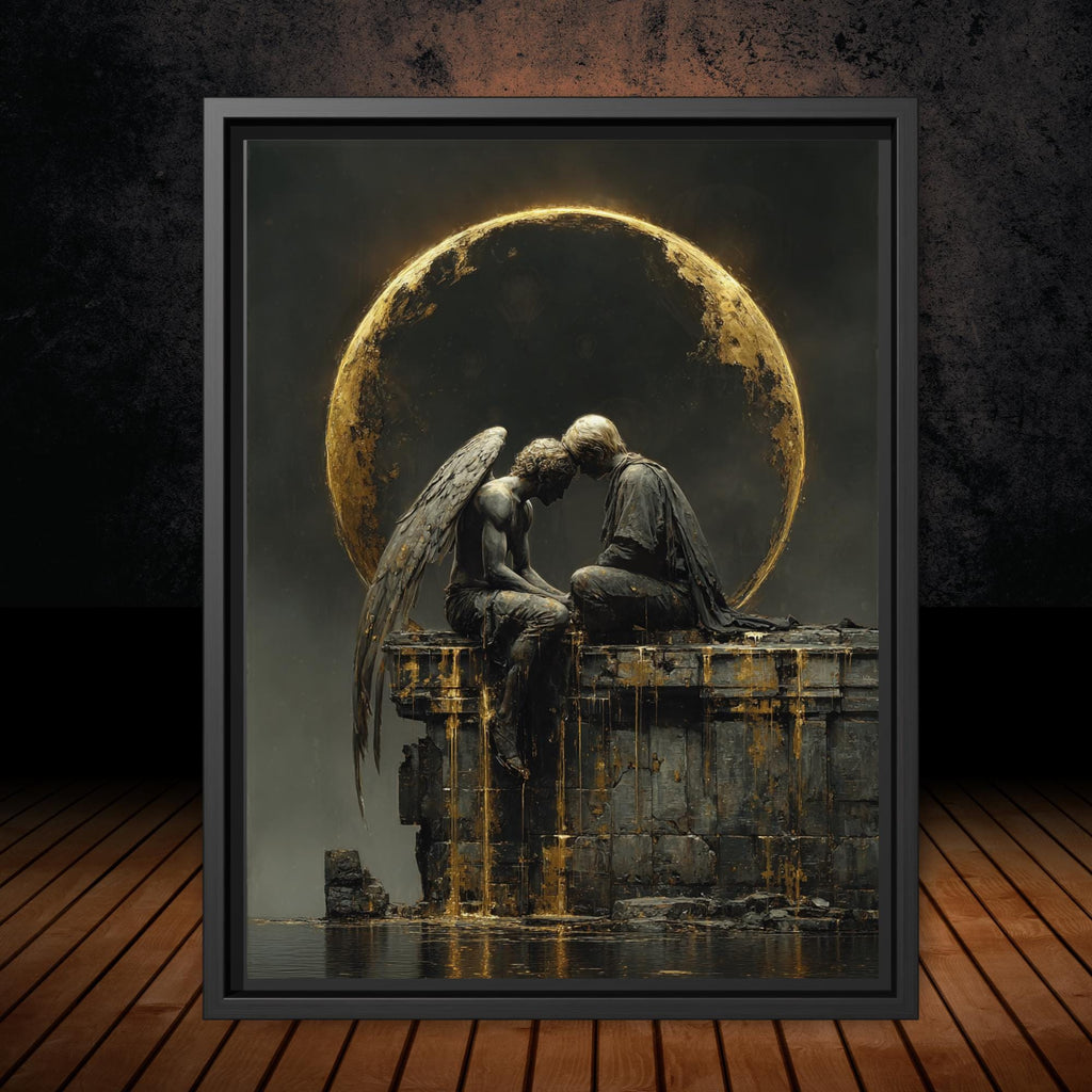 Angel and Lover Under Golden Eclipse Moon Art Print, Romantic Wall Art Celestial Painting