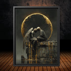 Angel and Lover Under Golden Eclipse Moon Art Print, Romantic Wall Art Celestial Painting