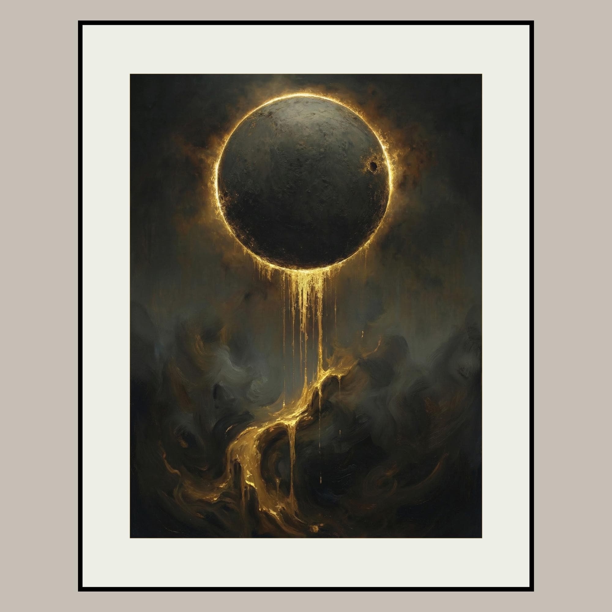 Golden Eclipse Wall Art, Black Moon Dripping Gold, Dark Moody Decor, Oil Painting Style
