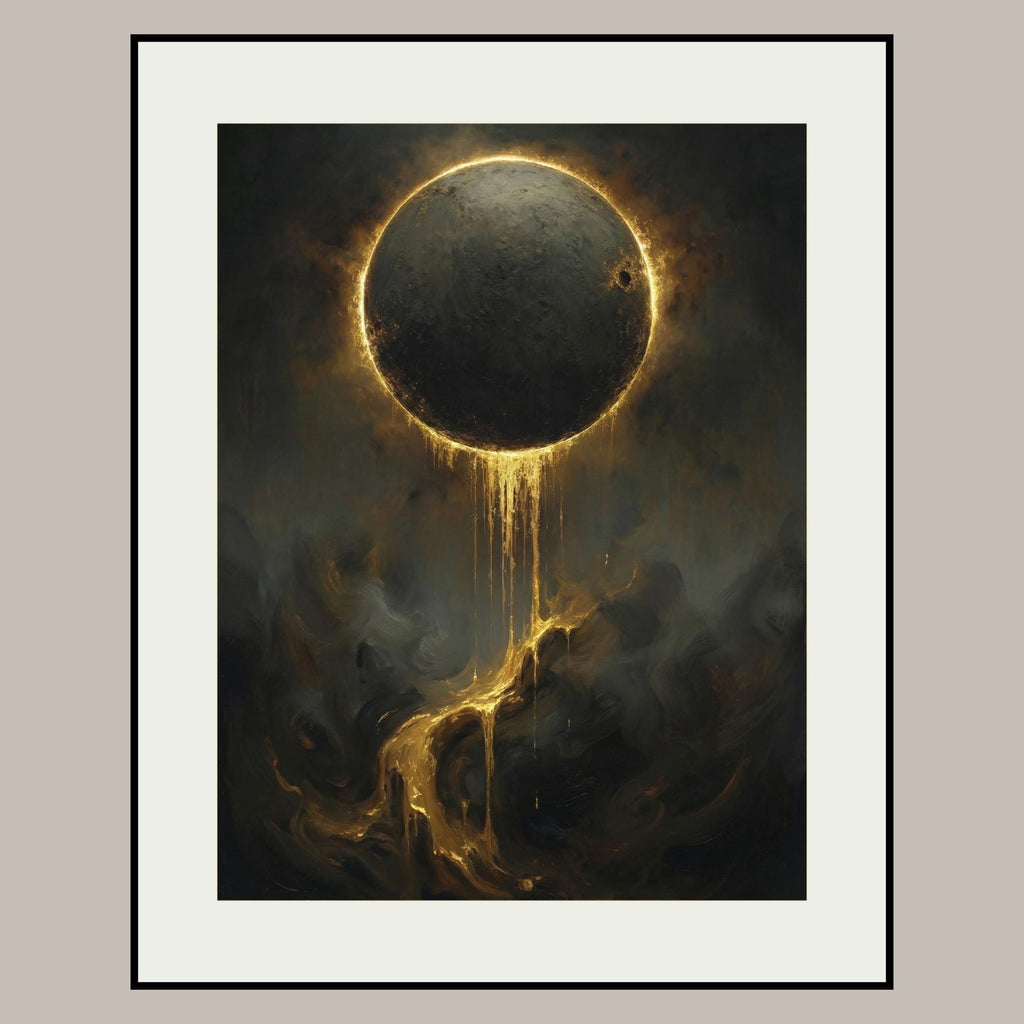 Golden Eclipse Wall Art, Black Moon Dripping Gold, Dark Moody Decor, Oil Painting Style