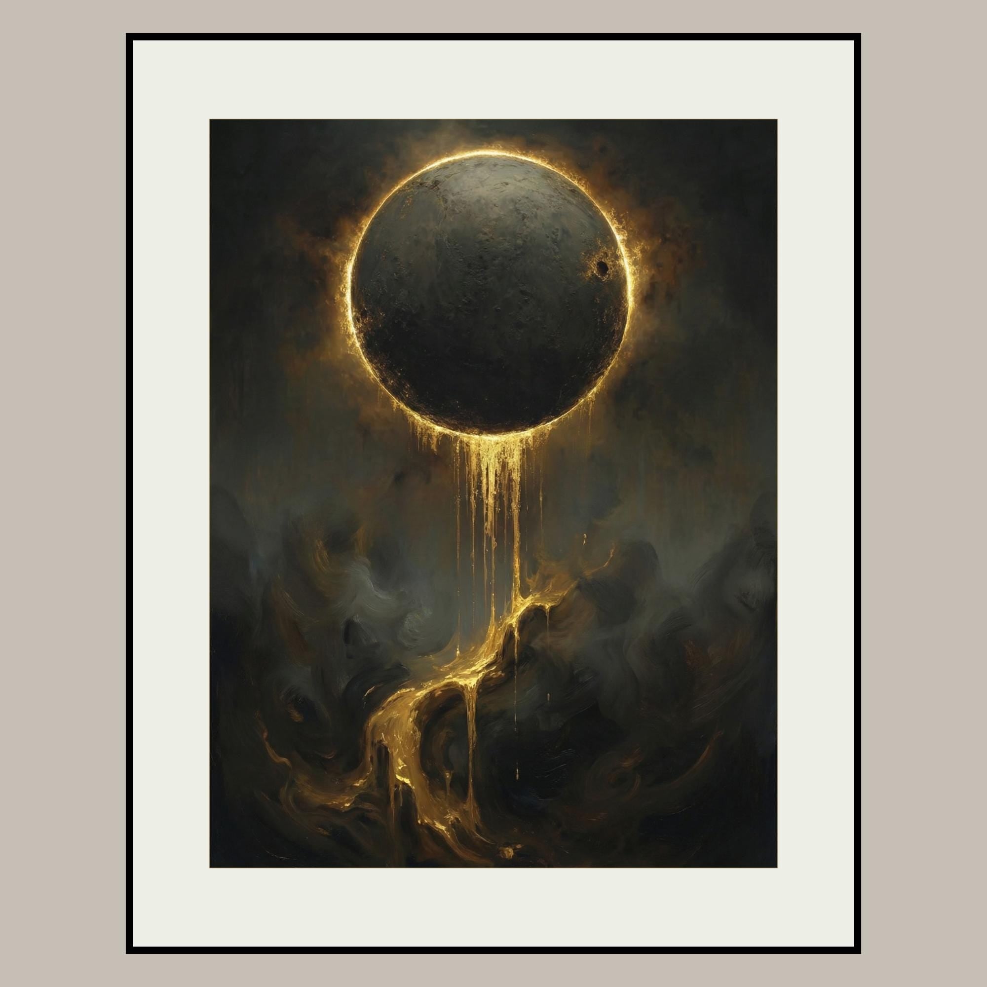 Golden Eclipse Wall Art, Black Moon Dripping Gold, Dark Moody Decor, Oil Painting Style