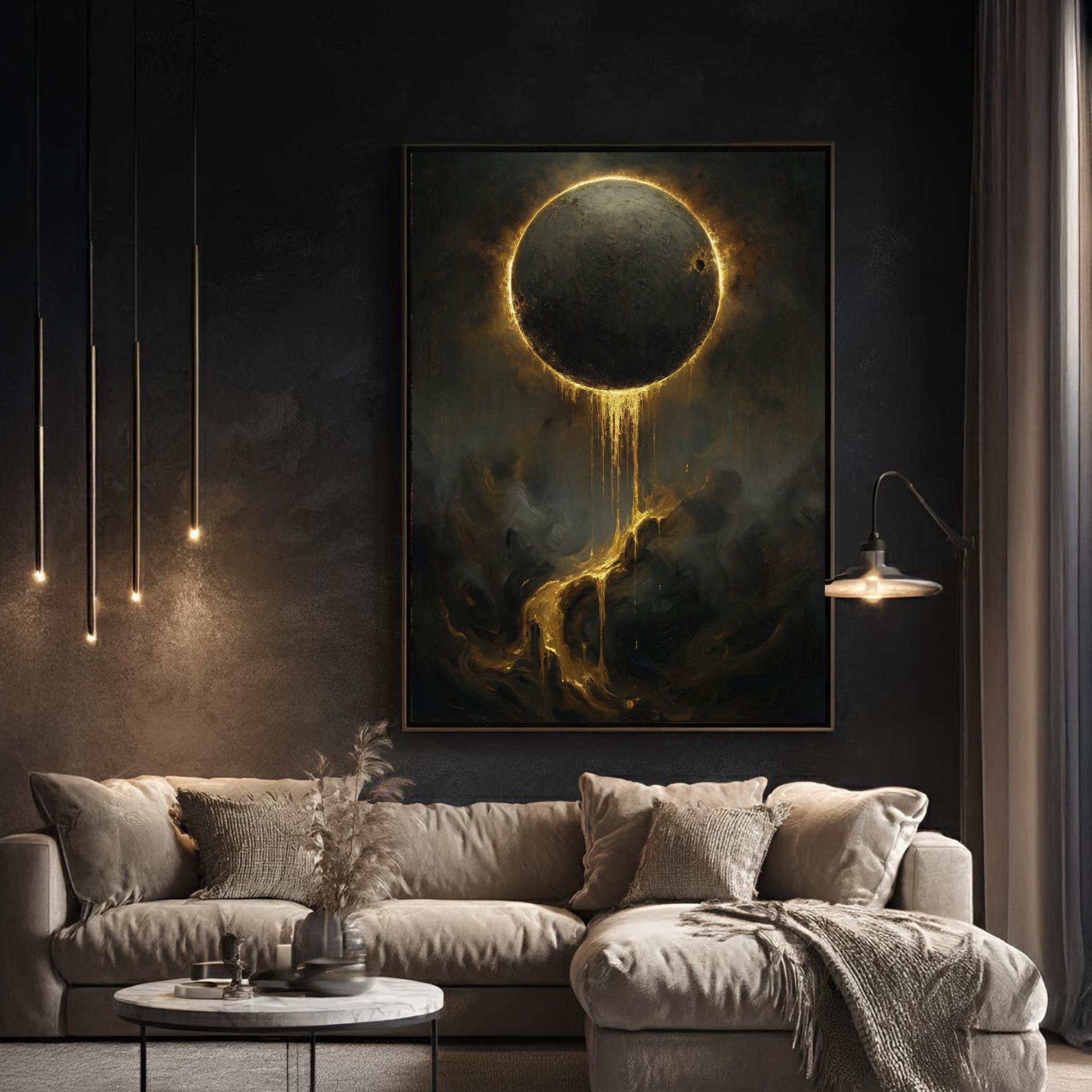 Golden Eclipse Wall Art, Black Moon Dripping Gold, Dark Moody Decor, Oil Painting Style Secondary image