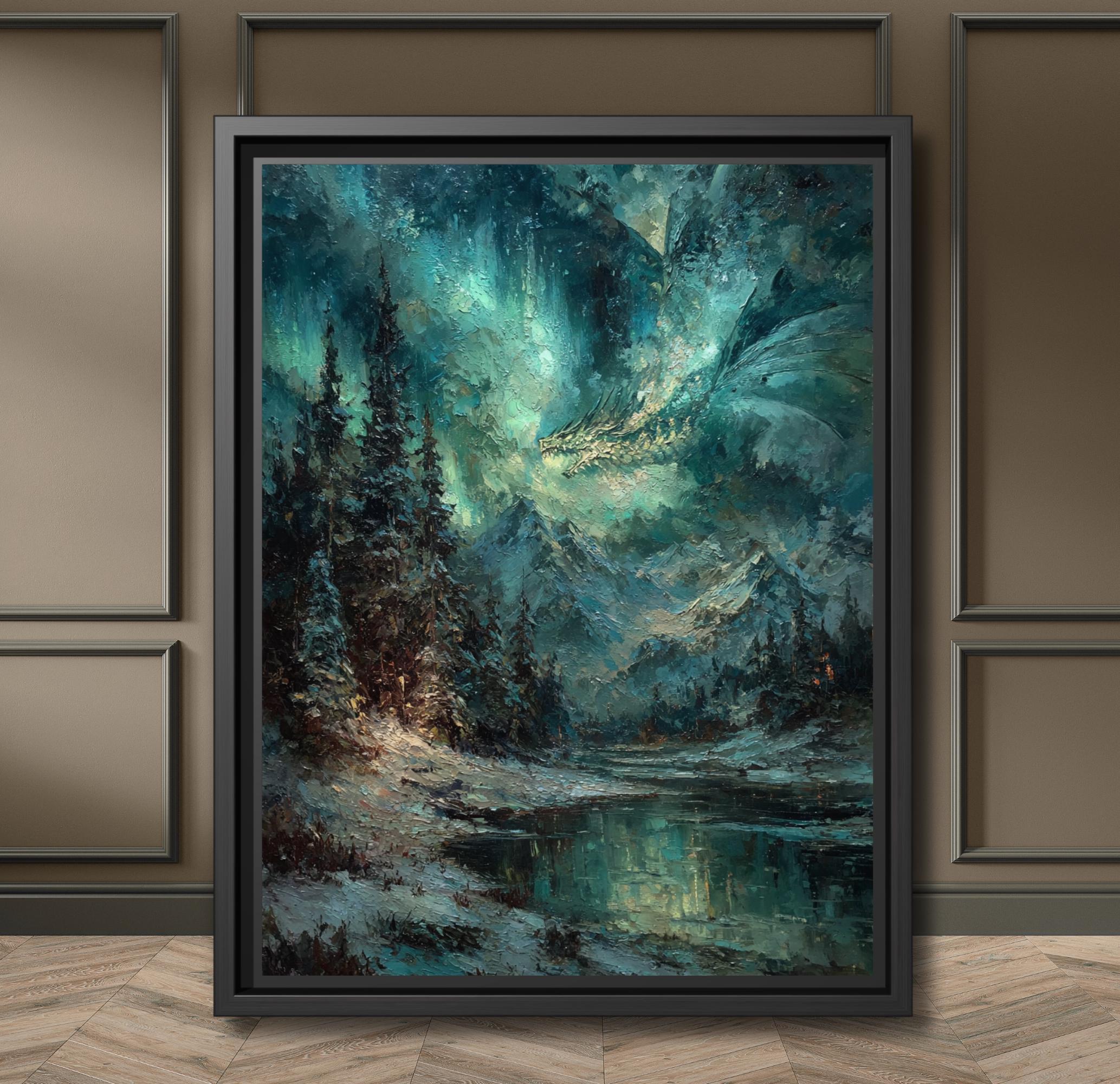 Northern Lights Dragon Art Print, Mystical Snowy Mountain Starlit Landscape
