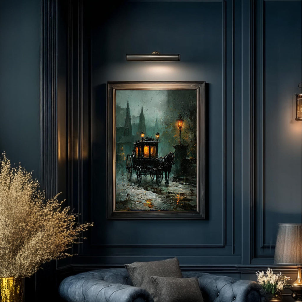 Victorian Horsedrawn Carriage Wall Art Print, Moody Dark Academia Vintage London Funeral Night Scene