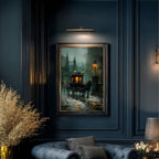 Victorian Horsedrawn Carriage Wall Art Print, Moody Dark Academia Vintage London Funeral Night Scene