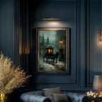 Victorian Horsedrawn Carriage Wall Art Print, Moody Dark Academia Vintage London Funeral Night Scene
