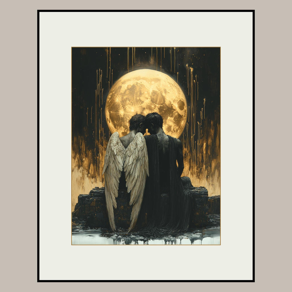 Fallen Angel Wall Art Print Gothic Golden Moon Dark Fantasy Romantic Angels Bereavement Decor