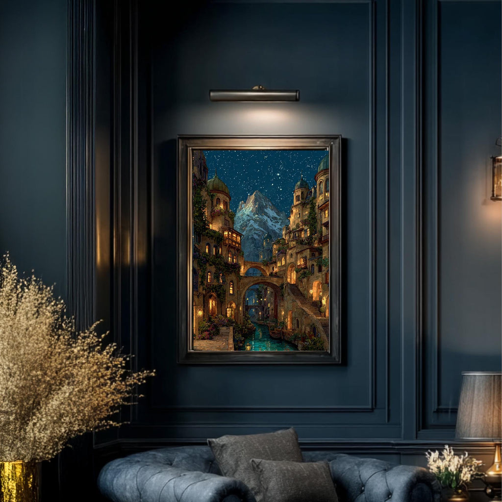 City of Starlight Alpine Village Wall Art Print, Starry Sky at Night Cityscape Painting